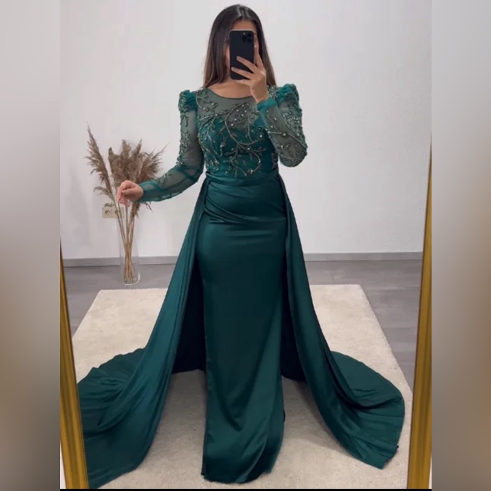 Teal Green Long Sleeve Maxi Evening Dress